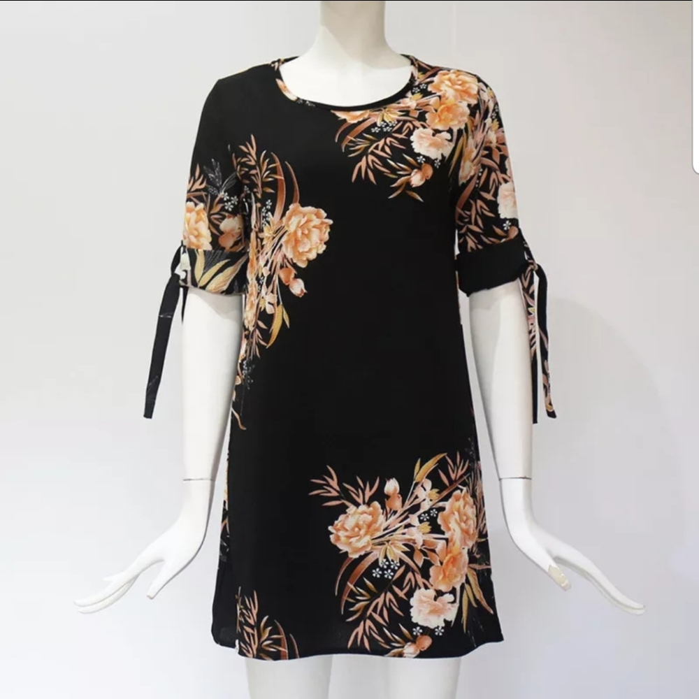 Floral Print Black Chiffon Dress Size XL - Picture 3 of 4